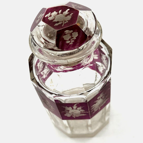 Bohemian Style Cut Glass Decanter Amethyst Purple Stained Etched Floral Vintage