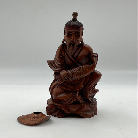 Nasco Vintage Carved Wood Fisherman Figure Asian Statue Holding Fish 9 Inch