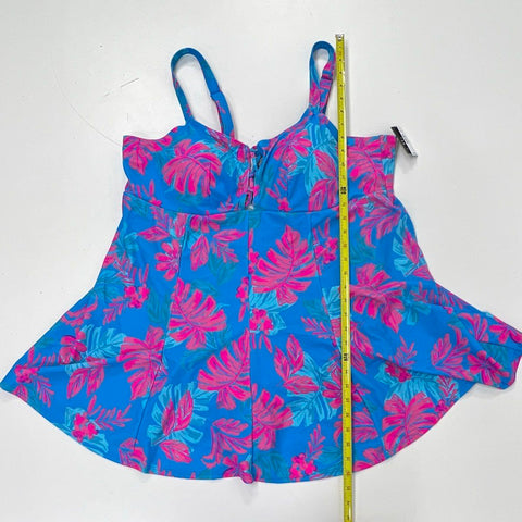 Torrid Women's Wireless Strappy Lace Up Swim Dress Tropical Geo Blue Pink NWT 4