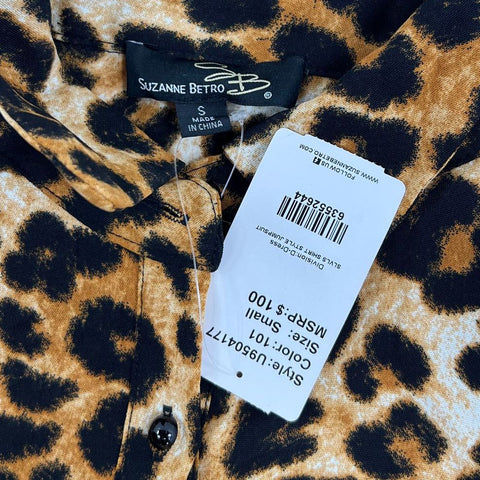 NWT Suzanne Betro Brown Leopard Print Sleeveless Shirt Jumpsuit Women's Size S