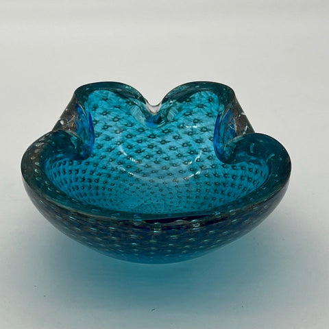 Art Glass Bowl Bullicante Controlled Bubble Blue Gold Aventurine 7 Inch Vintage