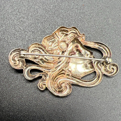 Vintage Art Nouveau Mucha Style Woman Sterling Silver Brooch Pin 2 Inch