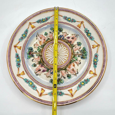 Bibi & Co Italy Majolica Relief Plate Cherubs Putti Gold Trim Vintage 14.5 Inch
