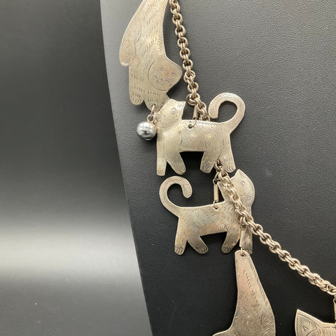 Vintage Silver Tone Whimsical Boho Cat Multi-Charm Statement Necklace 32"
