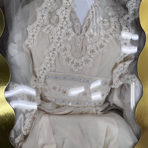 Vintage 70s Wedding Dress Ivory Lace Floral Beaded Bridal Gown Veil Boxed