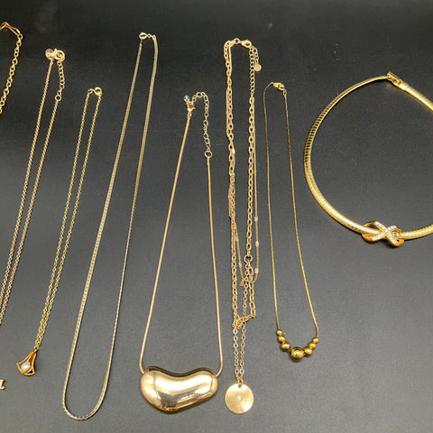 Vintage to Modern Costume Jewelry Lot 11pc Gold Tone Necklaces Owl Bean Choker