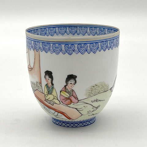 Vintage Japanese Porcelain Tea Cup Figural Scene Ladies Blue Square Seal Mark