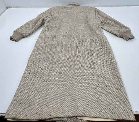 Vintage 70s Herringbone Long Coat V-Neck Ribbed Cuffs Made in USA Sz L