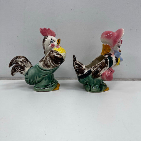 Vintage Ceramic Chicken Planter Pair Rooster Hen Figural Mid Century Style