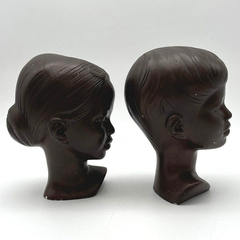 Vintage Holland Mold Ceramic Bust Heads Boy and Girl Pair Dark Brown 9 Inch