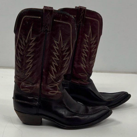 Vintage Two-Tone Burgundy Black Leather Cowboy Western Boots Men's Size 10