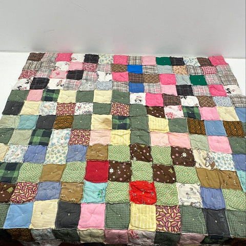 Vintage Scrappy Patchwork Puff Quilt Hand Tied Biscuit Blanket 50x58 Novelty