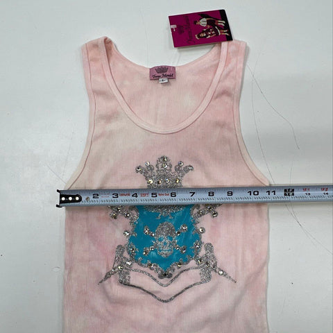 Yvette Mandell Women's Pink Crystal Crest Ribbed Cotton Tank Top NWT Sz L Y2K