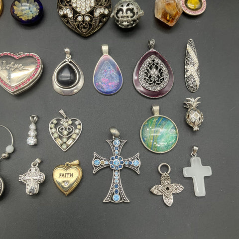 Vintage and Modern Costume Jewelry Pendant Lot of 35 Hearts Crosses Stones