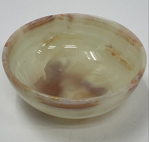 Natural Banded Onyx Decorative Bowl Cream Green Brown Hand Carved 8 Inch