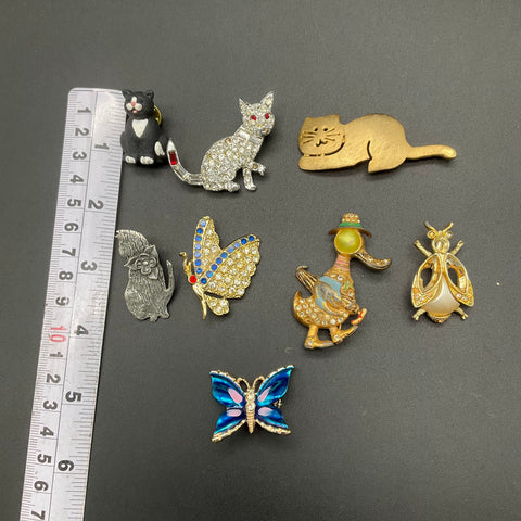 Vintage Cat & Animal Brooch Jewelry Lot of 8 Rhinestone Enamel Butterfly Duck