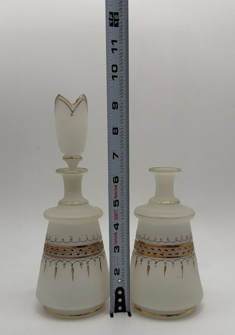 Vintage Frosted Satin Glass Decanter Set Gold Trim Hand Painted 2 Pcs 1 Stopper