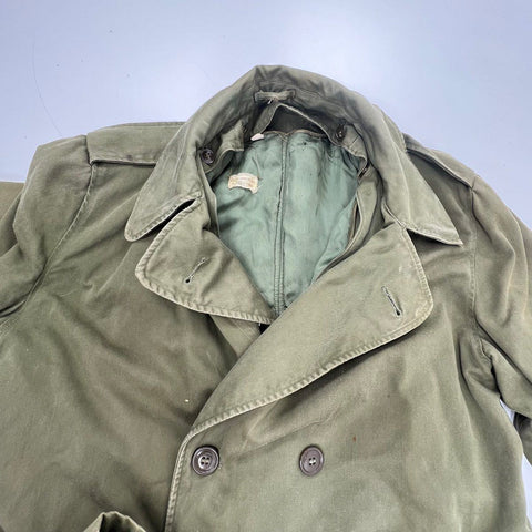 Vintage Military Issue OD Green Trench Coat Men's Sateen Wool Lined Large Long