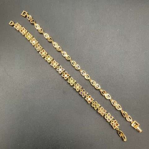 Gold Tone Faux Gemstone Link Bracelets Lot of 2 Blue Marquise & Multi Floral 7"