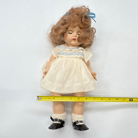 Vintage Ideal Doll 14 Inch Hard Plastic Sleep Eyes Made In USA White Dress