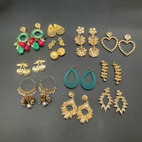 Statement Fashion Earrings Lot of 12 Gold Tone Boho Crystal Floral Beaded
