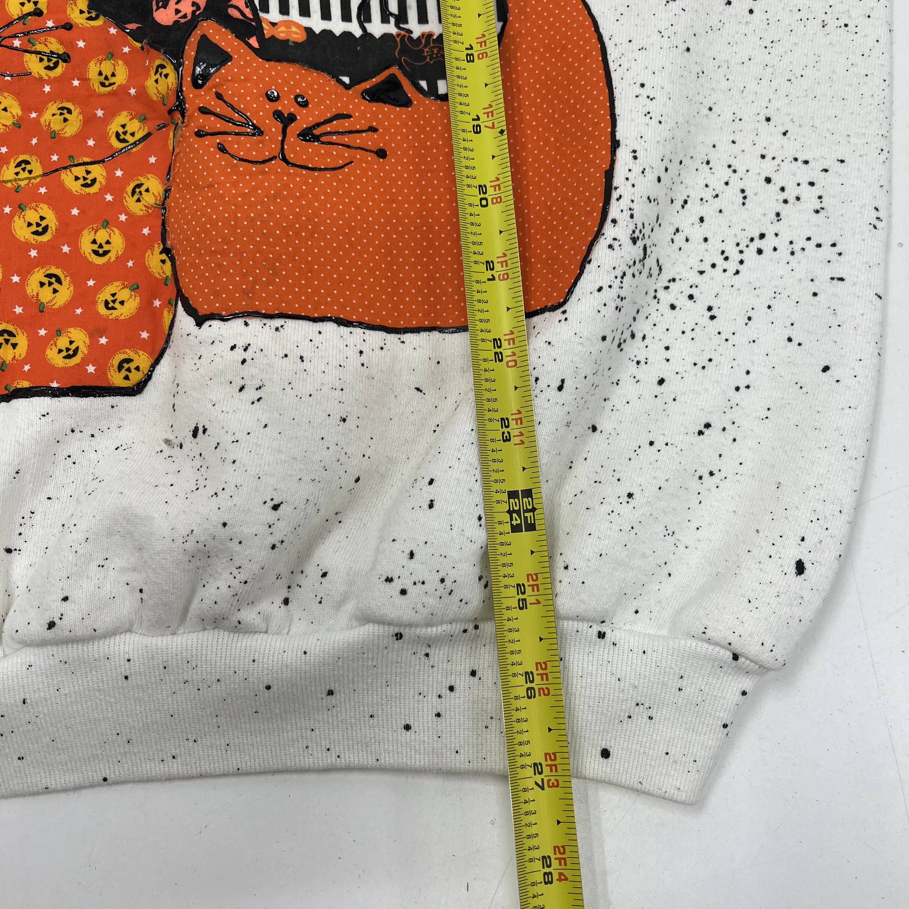 Vintage 90s Fruit of the Loom Cat Halloween Applique Splatter Sweatshirt Mens XL