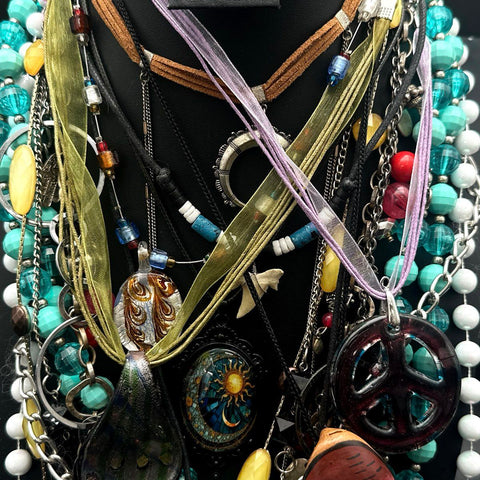 Mixed Fashion Necklace Lot Ankh Shark Tooth Peace Sign Celestial Beaded 20+ Pc