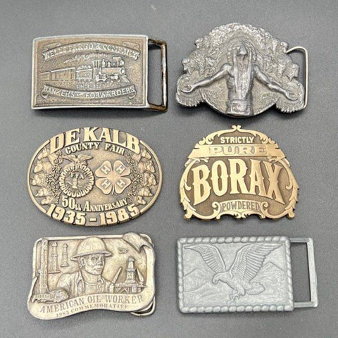 Vintage Lot of 6 Belt Buckles Western Cowboy Trucker Wells Fargo Oil Worker