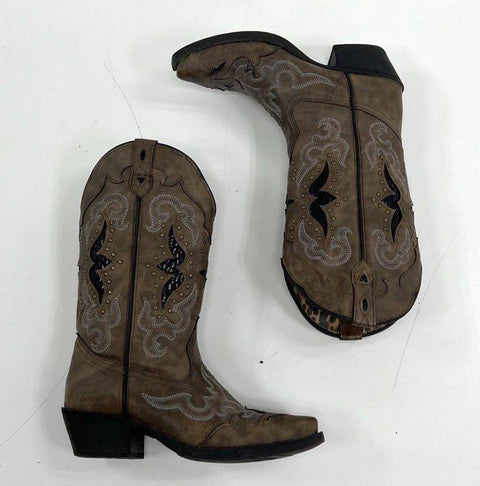 Laredo Western Cowboy Boots Brown Studded Leopard Print Lining Women's Size 6.5M