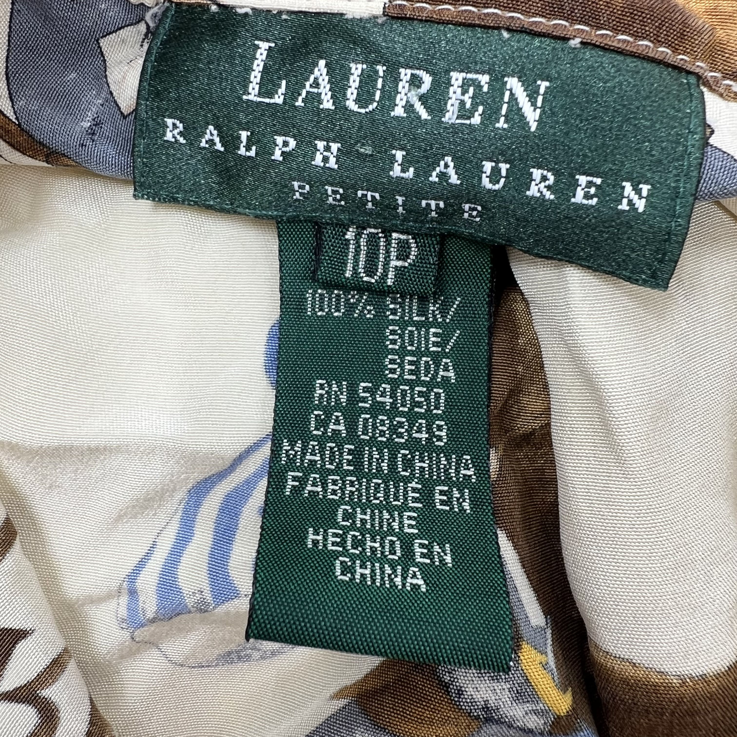 Vintage 90s Lauren Ralph Lauren Cream Equestrian Print Silk Blouse Women's 10P