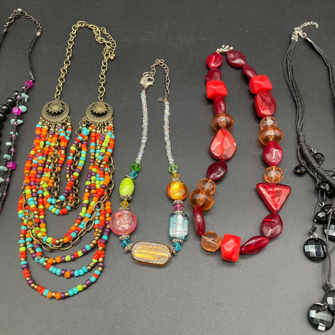 Boho Retro Beaded Statement Jewelry Lot of 7 Necklaces Multi-Strand Bib