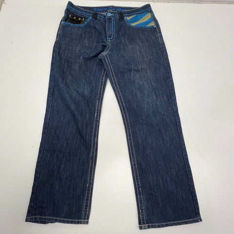 Vintage Y2K Black Carpet Blue Embroidered Crest Straight Leg Jeans Men's 36x32