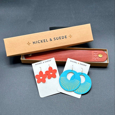 Nickel & Suede Genuine Leather Jewelry Lot 2 Pairs Earrings & 1 Cuff Bracelet