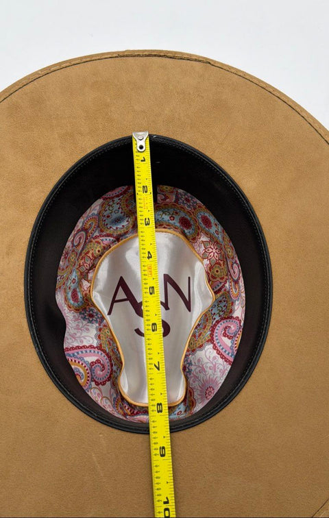ASN Tan Faux Suede Wide Brim Fedora Hat Paisley Lining Braided Band Sz M