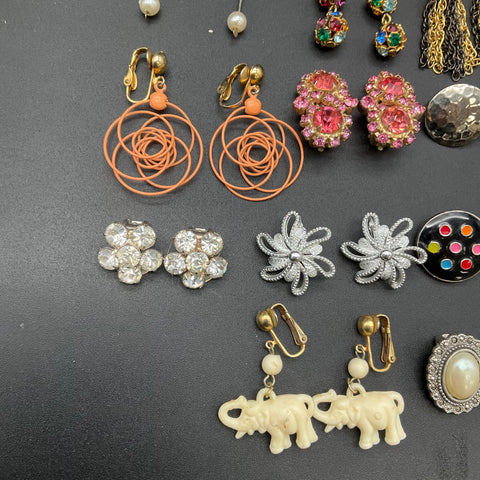 Vintage to Modern Clip On Earrings Jewelry Lot 16 Pairs Rhinestone Enamel