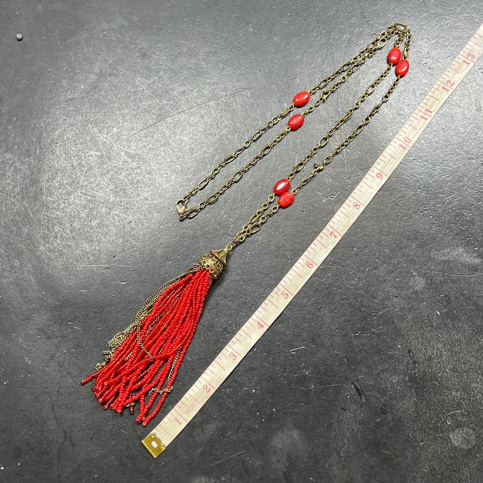 Gold Tone & Red Seed Bead Tassel Necklace