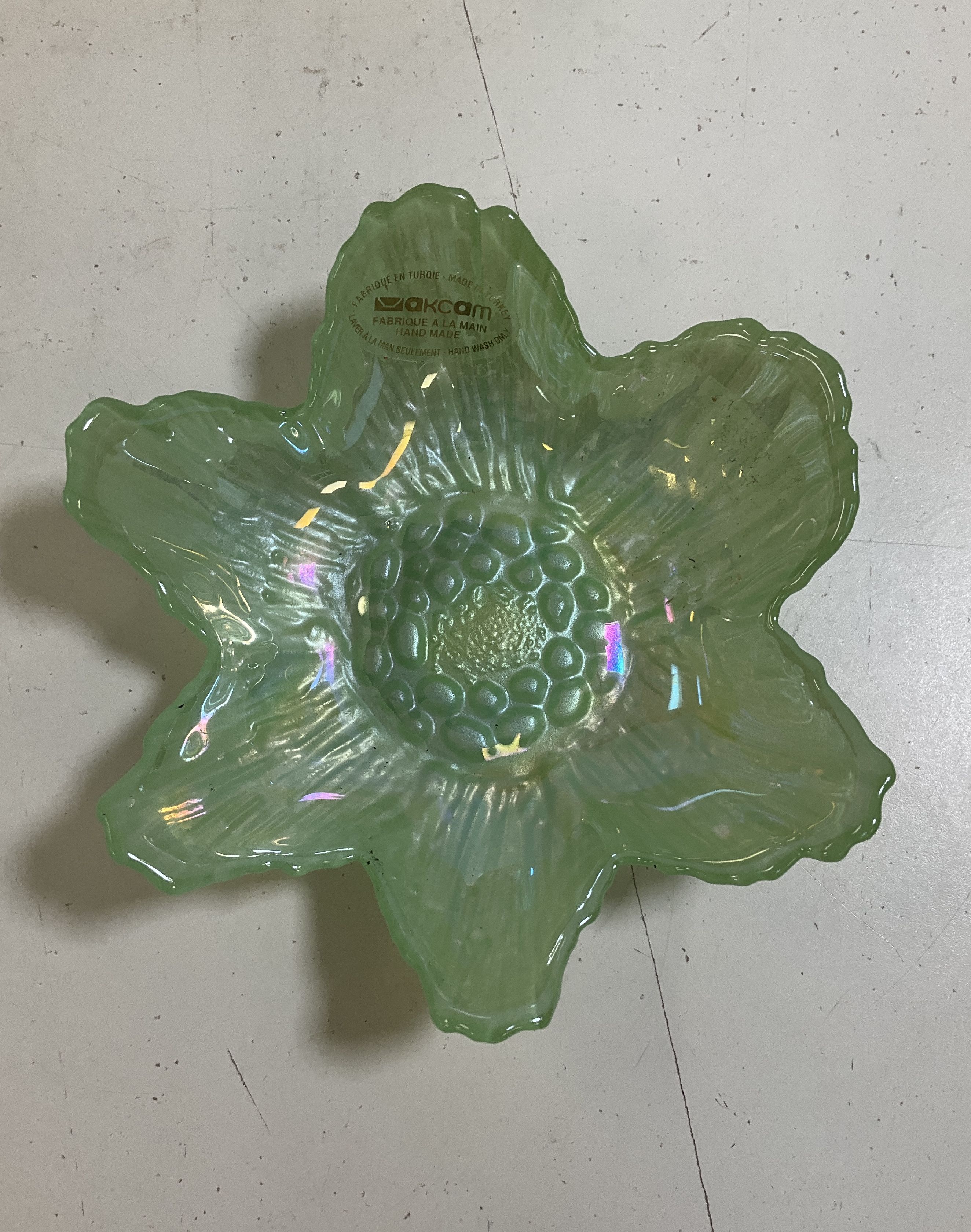Akcam Lot 2 Iridescent Glass Flower Bowls Green & Cream Hand Made Turkish Art