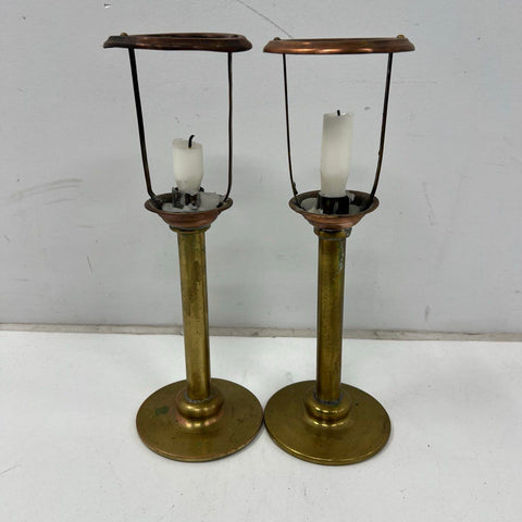 Vintage Brass and Copper Candlesticks Pair Mixed Metal Nautical Style 13"