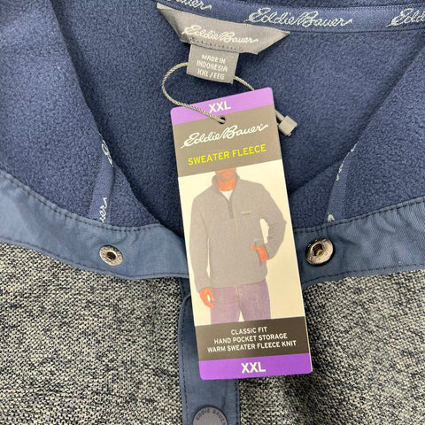 NWT Eddie Bauer Heather Navy Sweater Fleece Snap Neck Pullover Men's XXL