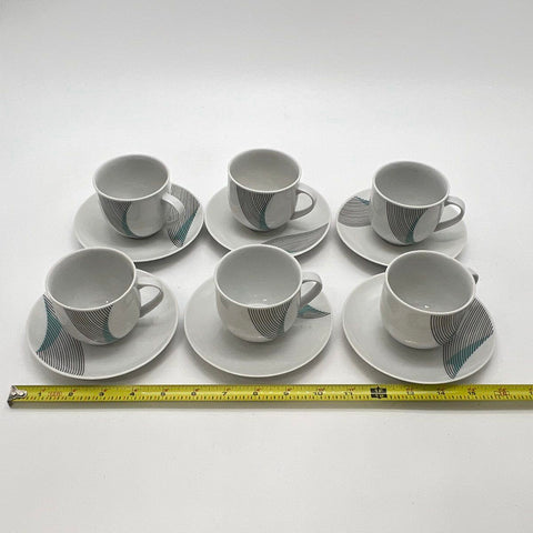 Bohemia Czechoslovakia 12 Piece Set Cups Saucers Abstract Teal Grey MCM Vintage