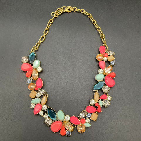 J. Crew Gold Tone Multicolored Faceted Stone Bib Cluster Statement Necklace 18"