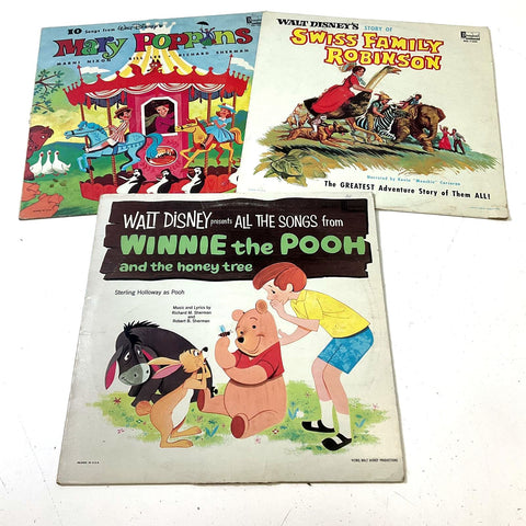 Vintage Walt Disney Records Lot Of 3 Winnie The Pooh Mary Poppins Swiss Family