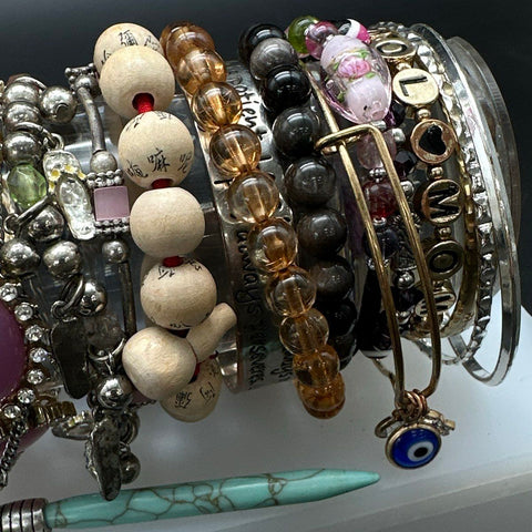 Eclectic Bracelet Jewelry Lot of 22 Beaded Cuff Charm Sterling Silver 925 Heart