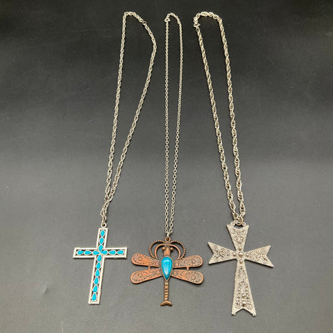 Vintage Boho Southwestern Necklace Jewelry Lot of 3 Cross Dragonfly Pendants