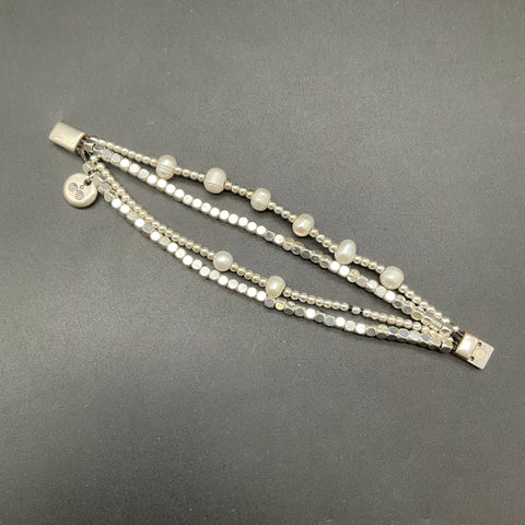 Trades by Haim Shahar Silver Tone Multi-Strand White Pearl Beaded Bracelet