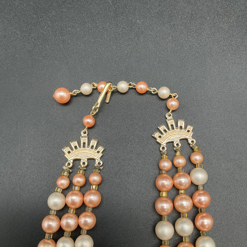 Vintage Japan Triple Strand Pink Faux Pearl Necklace AB Glass Beads 17"