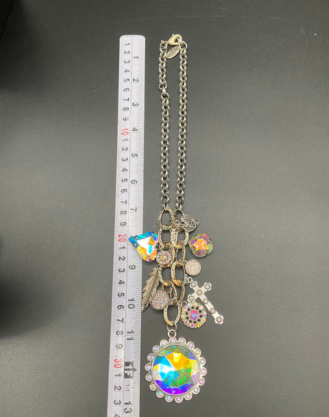 Sandra Ling Signed Silver Tone AB Crystal Chunky Statement Charm Necklace