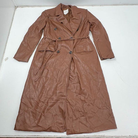 Avec Les Filles Womens Brown Faux Leather Double Breasted Trench Coat Size L