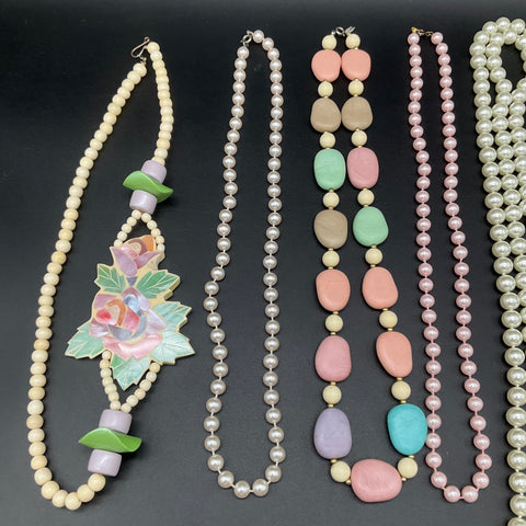 Vintage Costume Jewelry Lot 5 Necklaces Faux Pearl Pastel Floral Retro 80s 90s