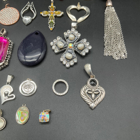 Mixed Costume Jewelry Pendant Lot of 32 Cross Heart Stone Tassel Pendants